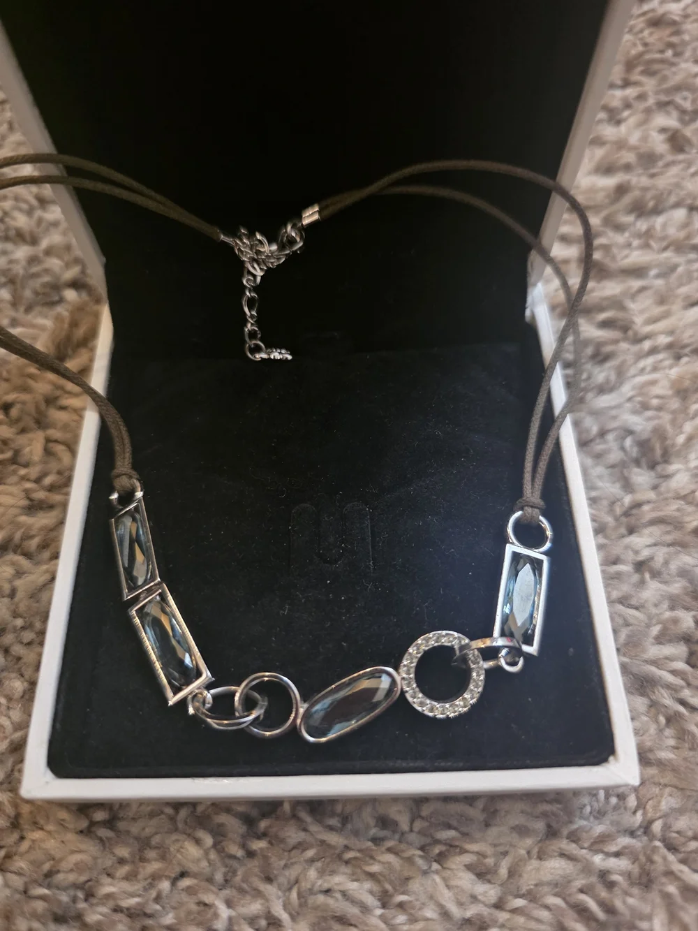 Silver & Blue Crystal Necklace with Brown Cord - Picture 1 of 5